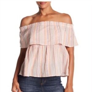 Lucky Brand Cotton Blend Striped Off The Shoulder Ruffle Blouse Orange Pink XL
